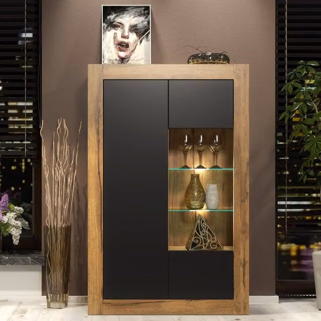 Creative Furniture Arcadia Display Cabinet in Dark Oak with Black Matt Glass Doors and Integrated LED Lighting, W/H: 140 x 93 cm – 1