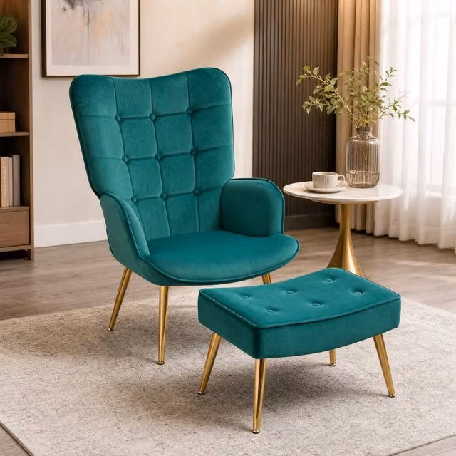 STILVORA Green Velvet Wingback Armchair with Matching Ottoman and Metal Frame – 1