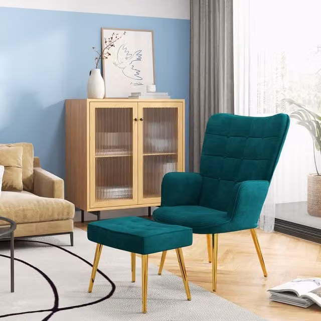 HOMCOM Velvet Button Tufted Tub Armchair with Matching Ottoman in Green and Gold