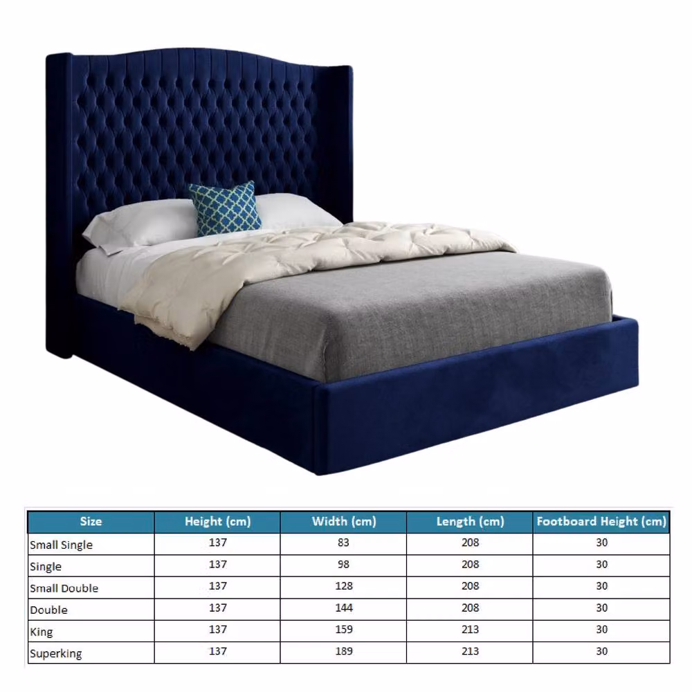Casani Rowledge Winged Upholstered Blue Velvet Designer Bed Frame W/D/H: 137 x 120 x 200 cm – 5