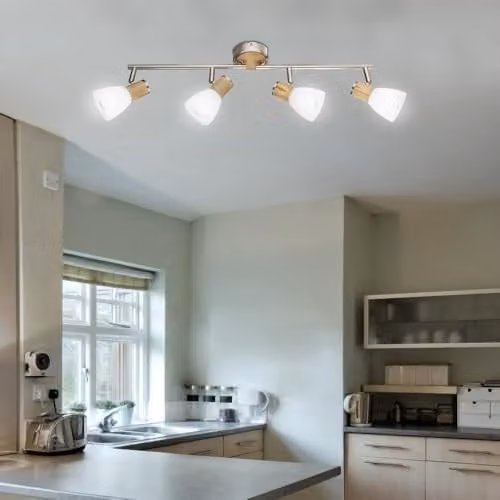 Globo Lighting Gylfi Ceiling Spotlight Bar in Silver and Wood with White Glass Shades, 4x E14 – 1