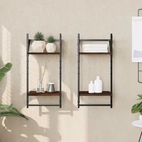 vidaXL 2-Tier Wall Mounted Shelves with Bars, 2 Pieces, Brown, W/D/H: 30 x 25 x 65 cm – 1