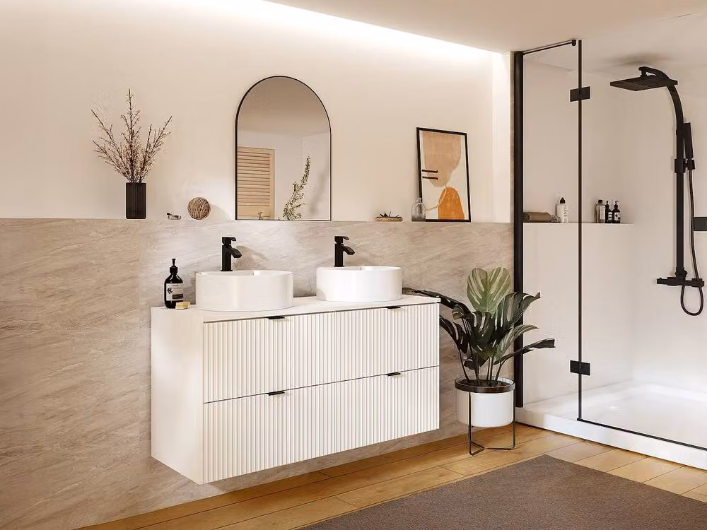 Vente-unique Striped Suspended Vanity Unit with Shelf in Matt White, W: 120 cm, D: 47 cm, H: 60 cm – 2