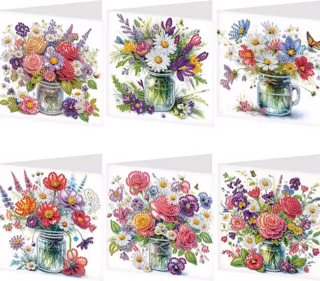 Syntego Pack of 6 Flowers Diamond Art Greeting Card Kits in Multicolour and White