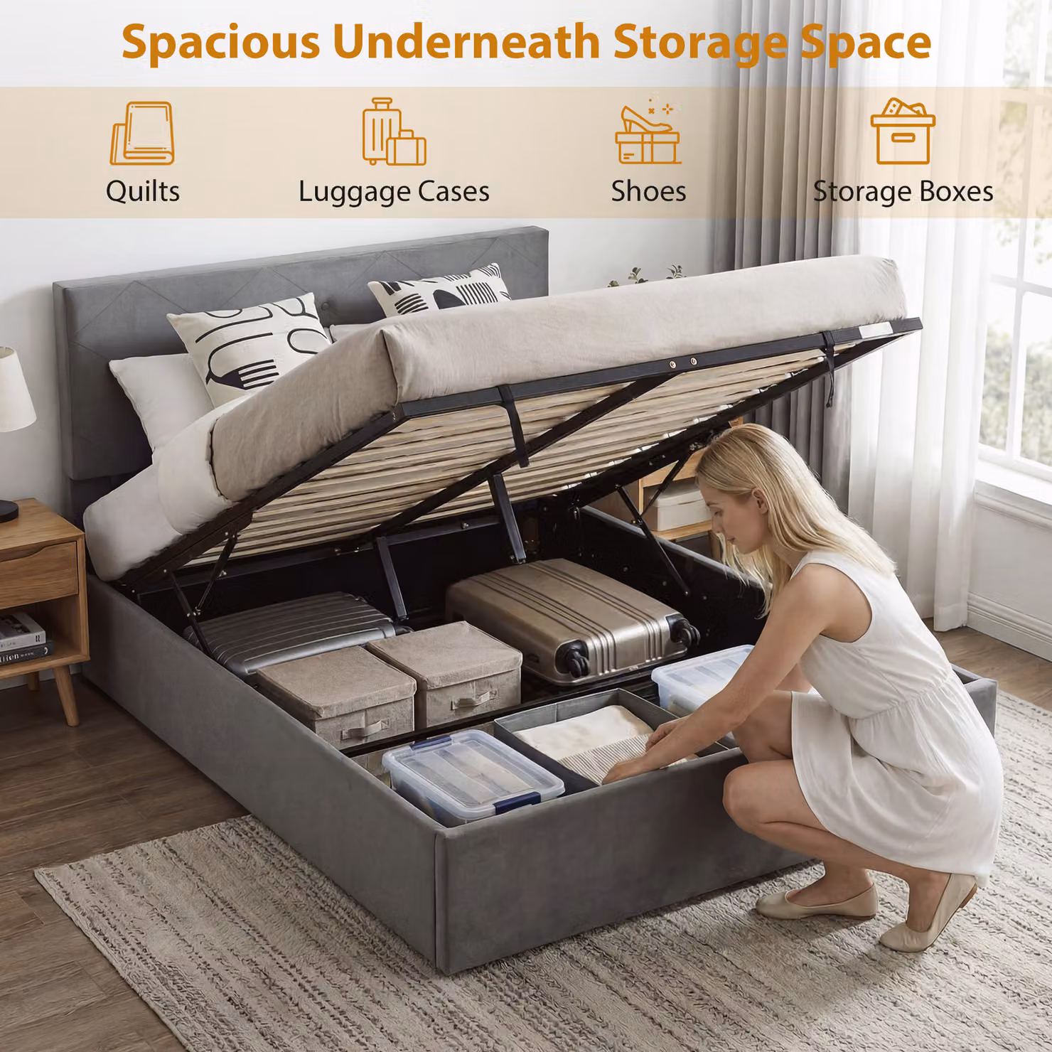 HOMCOM King Size Upholstered Velvet Platform Bed Frame with Gas Lift Storage and Tufted Headboard, Grey, W/D/H: 150 x 200 x 49 cm – 4