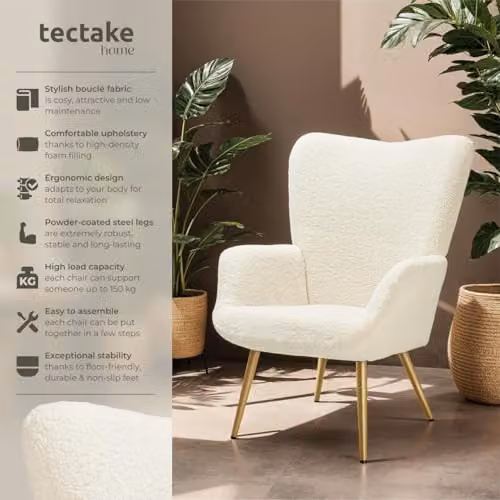 tectake Hygge Bouclé Armchair in Cream and Gold with Metal Legs – 2