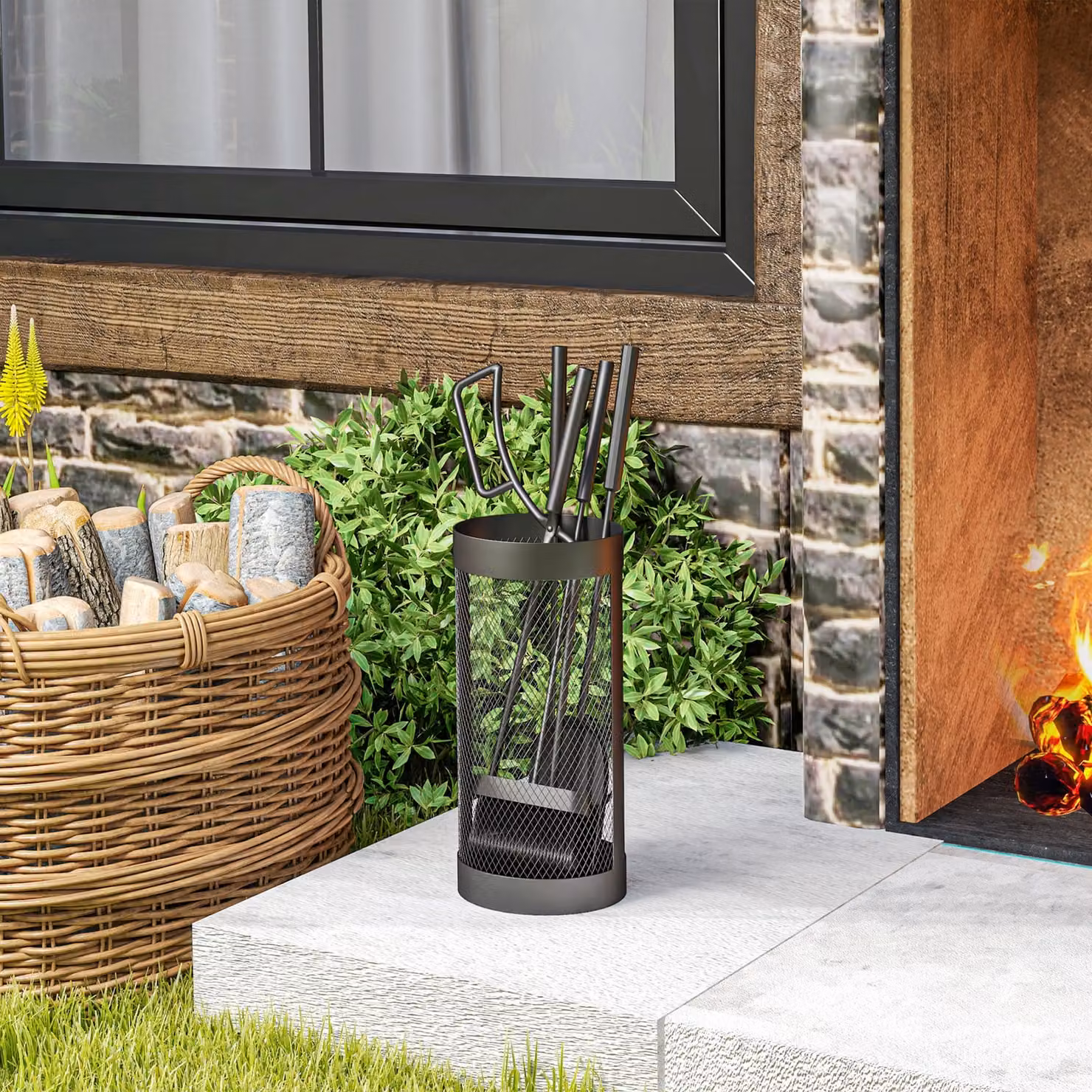 Outsunny 5-Piece Fireplace Tools Set with Mesh Basket in Black – 8