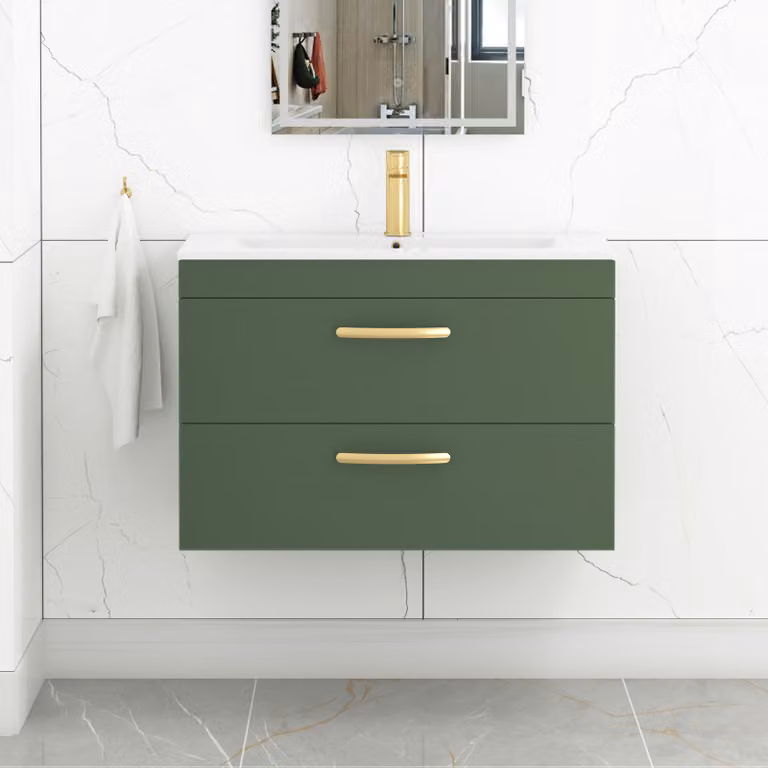 Royal Bathrooms Turin 800mm Wall Hung Vanity Unit in Matt Green with 2 Drawers and Brushed Brass Handles