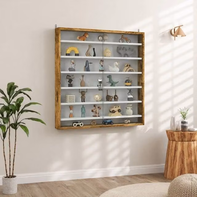 STILVORA Wall Mounted Display Cabinet with Glass Doors and Internal Shelves in Brown – 1