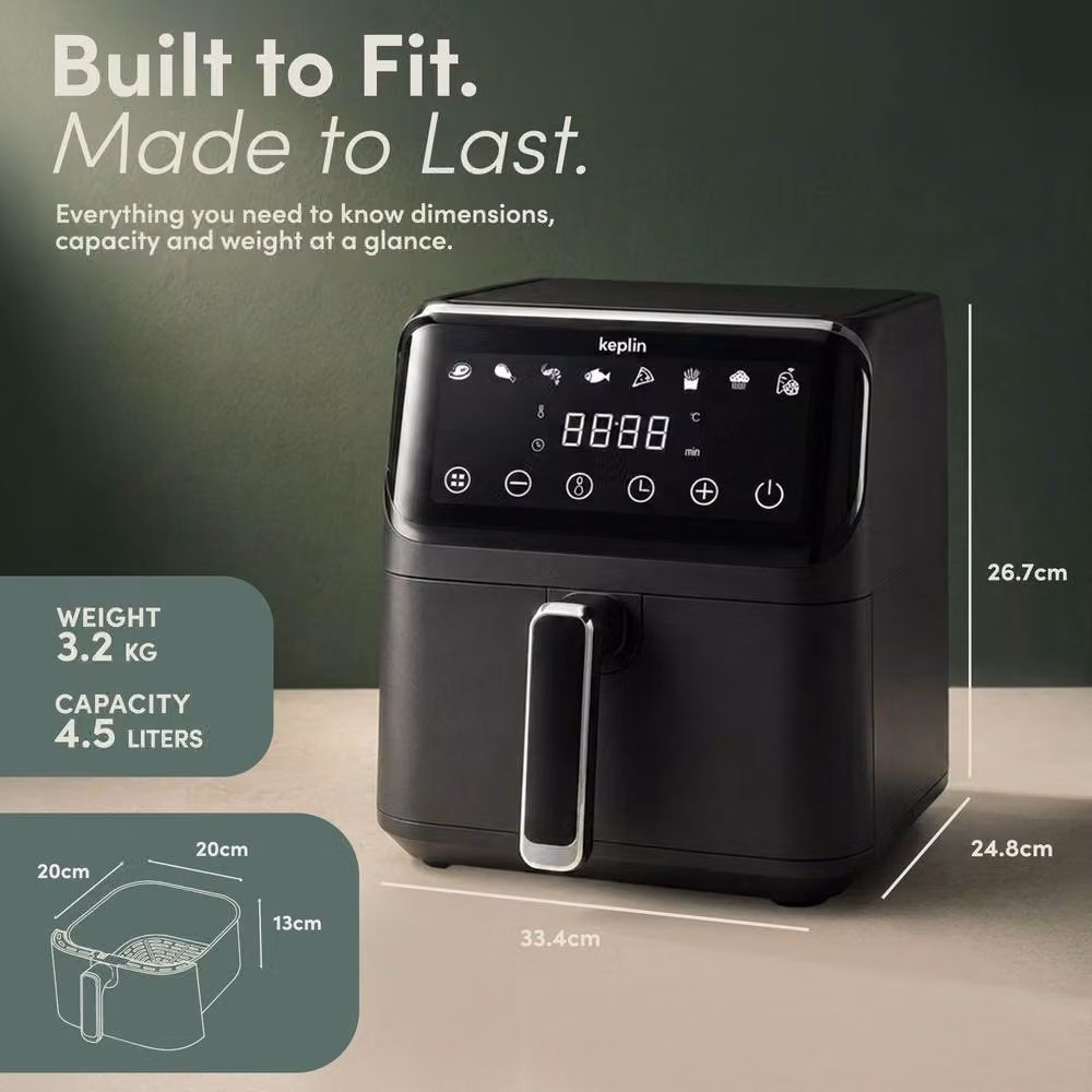 Keplin 4.5L Digital Air Fryer in Black with 8 Preset Menus and Precise 80-200°C Temperature Control – 9
