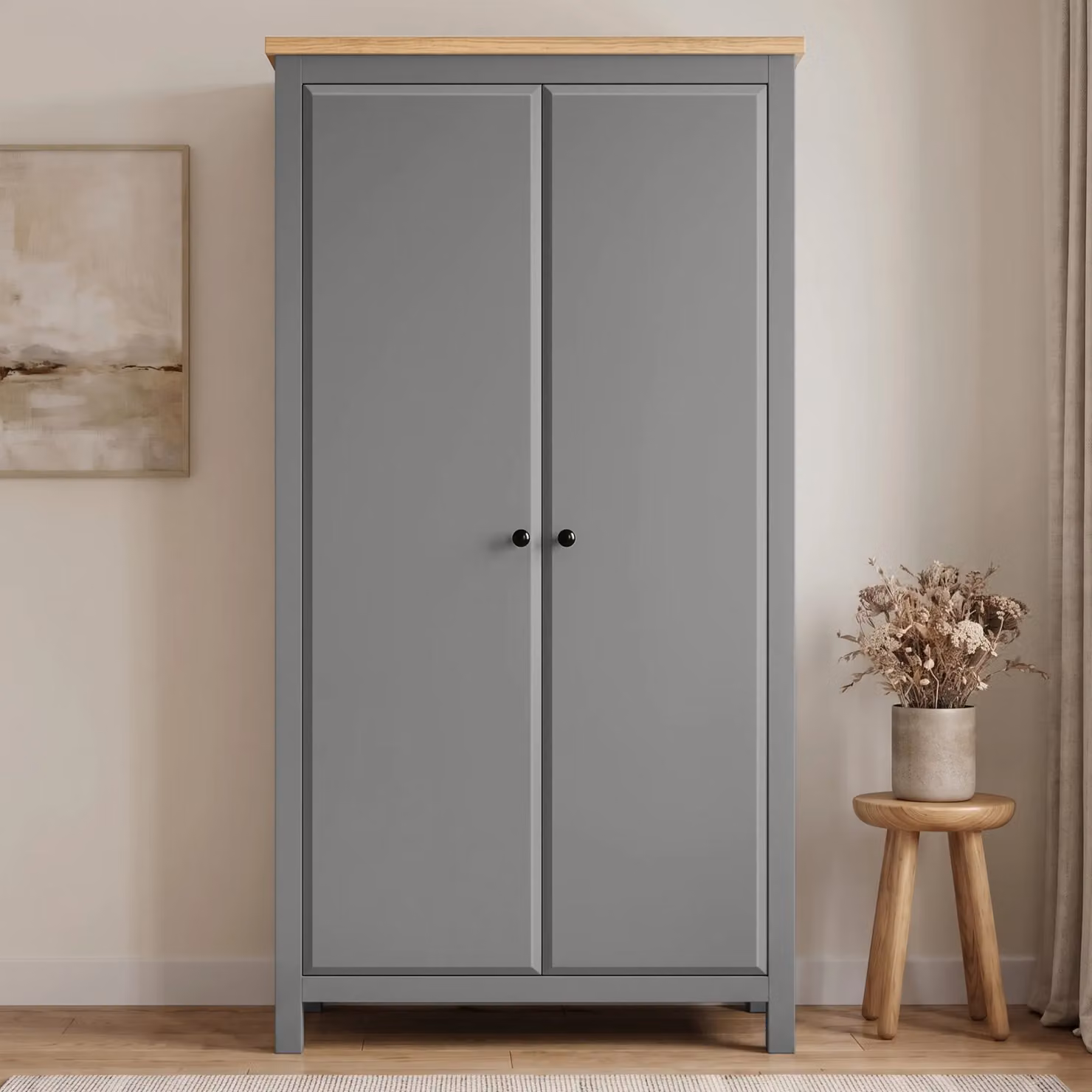 DHS Grey Oak Modern 2 Door Double Wardrobe with Soft Close Doors, Internal Shelves and Hanging Rod, H 186 x W 98 x D 56 cm