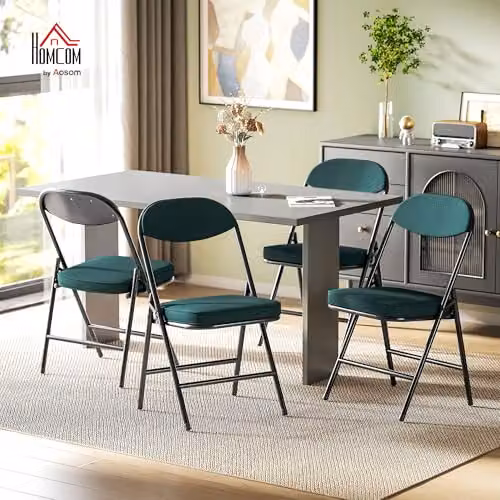HOMCOM Set of 4 Stackable Folding Chairs with Padded Fabric Seats and Metal Frame in Petrol Blue – 2