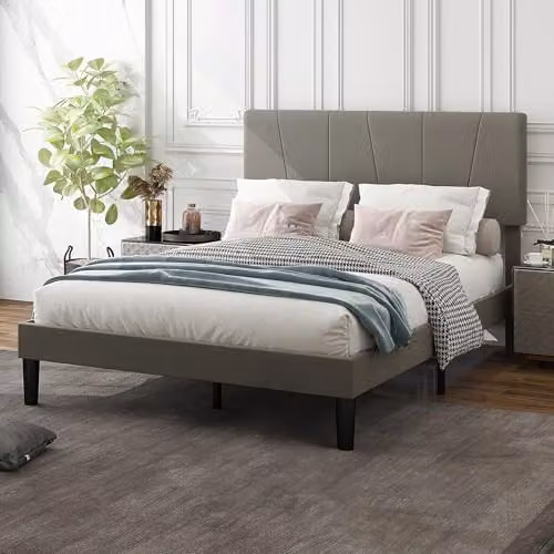 HOMCOM Grey Velvet Upholstered Double Bed Frame with 5-Level Adjustable Headboard, W/D/H: 140 x 200 x 145 cm – 1