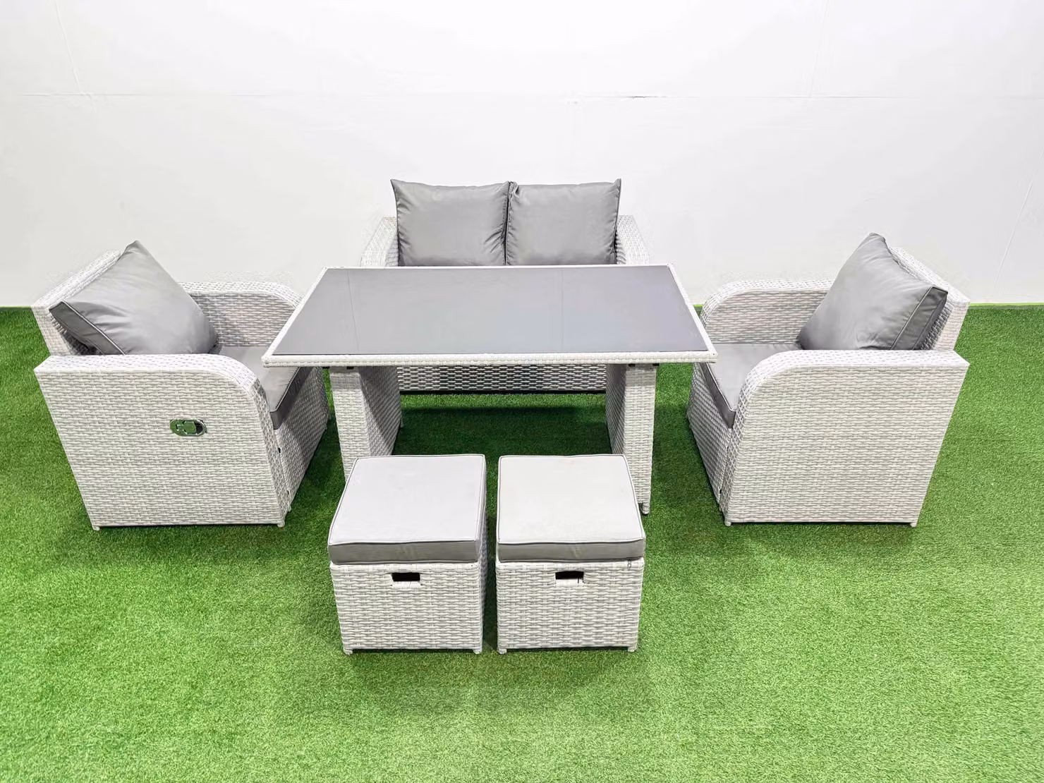 Fimous 6-Seater Outdoor Rattan Garden Dining Set with 2 Small Stools in Light Grey