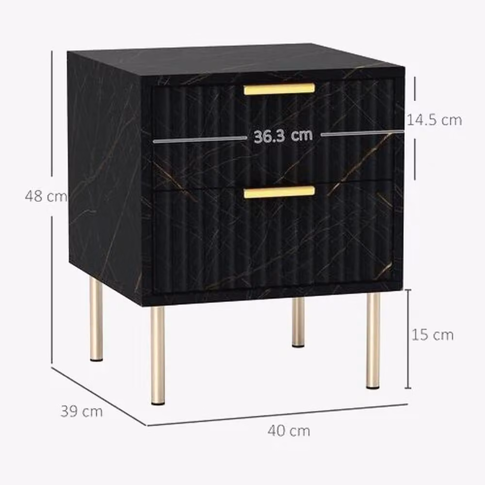 EONLION Modern Black and Gold Bedside Table with 2 Drawers and Abstract Marble Pattern, Width: 100 cm – 2