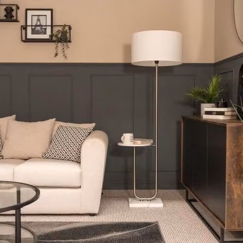 ValueLights MiniSun Floor Lamp with Brushed Chrome Stem, Marble Base and White Fabric Shade – 2