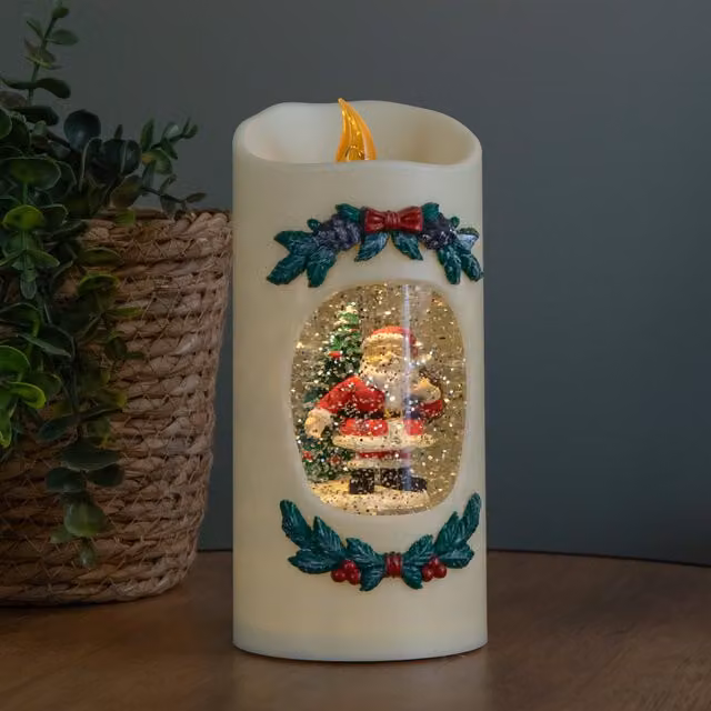 Samuel Alexander Dual Powered Light Up Christmas Pillar Candle Water Spinner with Santa and LEDs, Silver and White, H 20 cm x W 10 cm x D 10 cm