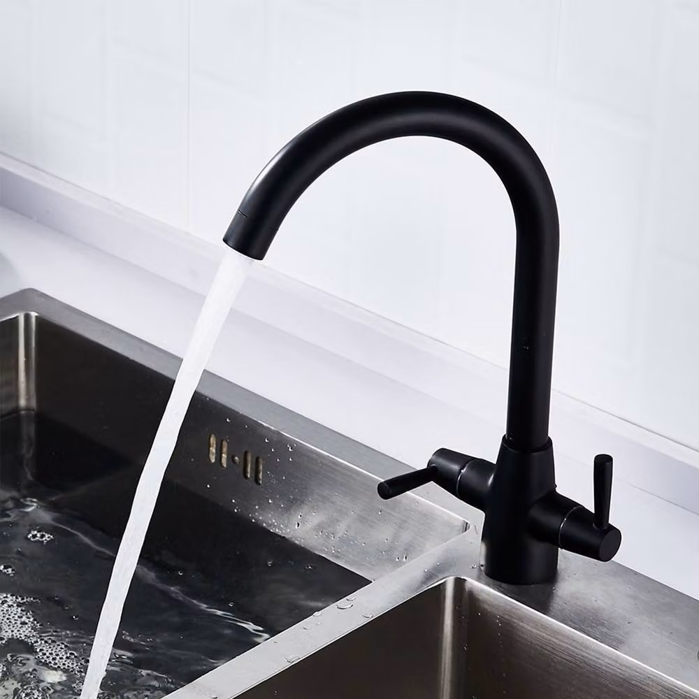 Heable Sleek Dual Lever Kitchen Mixer Tap with Swivel Spout in Matt Black Brass Finish – 4