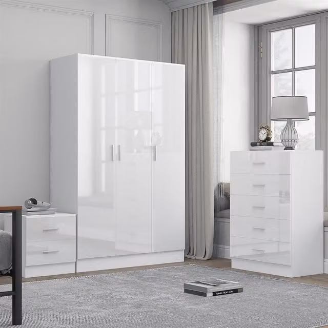 REFLECT Bedroom Furniture Bundle featuring 3-Door Plain Wardrobe, Chest of Drawers and Bedside Table in White Gloss and Matt White