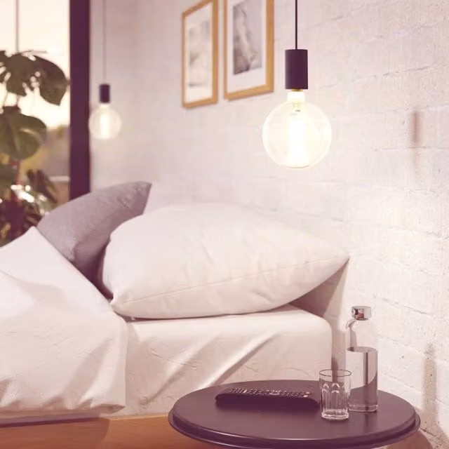 Eglo POZUETA Suspended Pendant Light in Black Metal with Glass Sphere and E27 Fitting, W/D/H: 40 x 40 x 110 cm