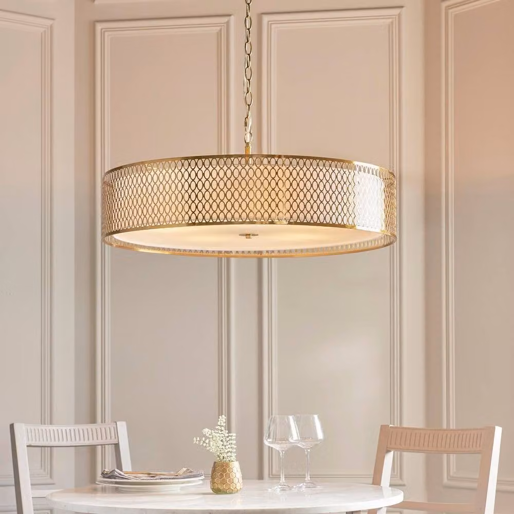 Netlighting Cordero Cylindrical Pendant Light in Gold and White with Frosted Glass and Fabric – 2