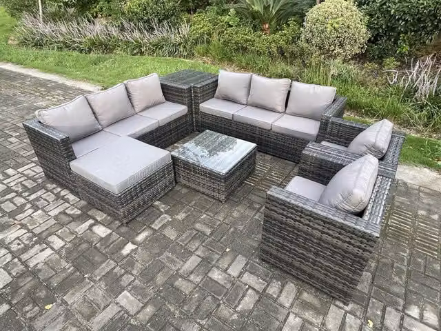 Fimous 9 Seater Rattan Garden Furniture Set in Grey with U-Shape Sofa, Armchairs, Coffee Table and Ottoman
