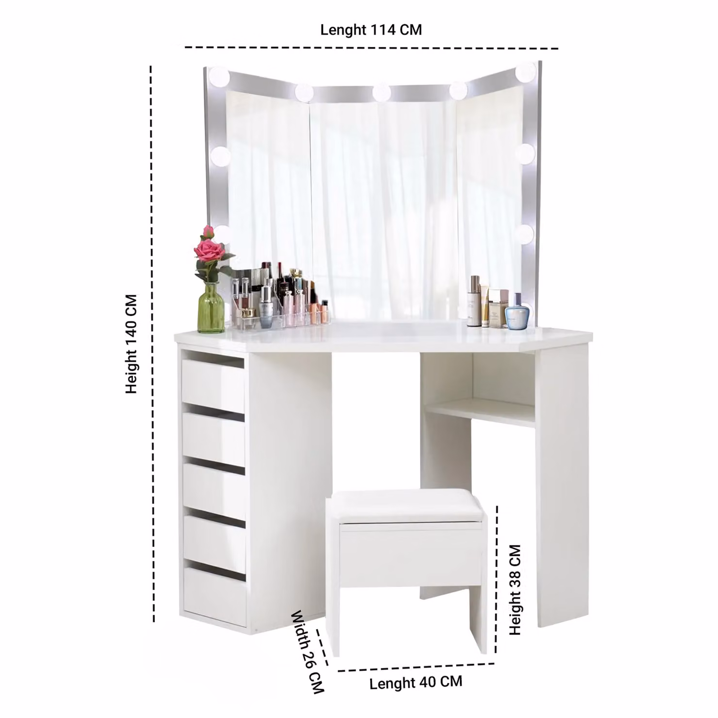 KOSY KOALA White Corner Dressing Table with LED Mirror and Stool Makeup Vanity Set – 4