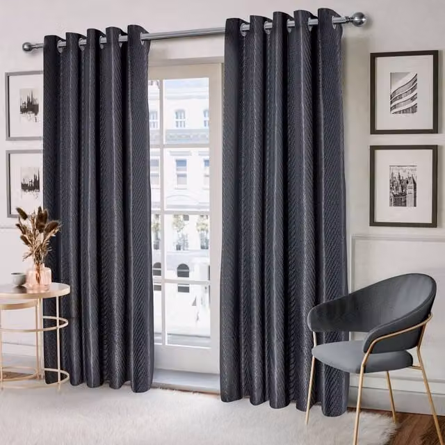 New Edge Blinds Wave Woven Jacquard Curtains in Navy and Black, Width: 228 cm, Drop: 183 cm – 1