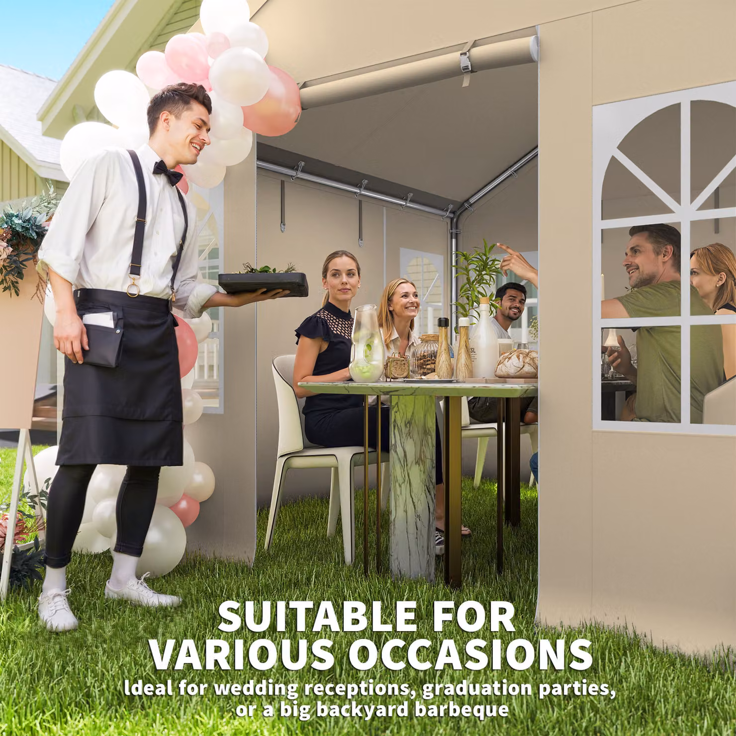 Outsunny Beige Party Tent Canopy with Removable Sidewalls and Windows, W: 300 cm, D: 300 cm, H: 278 cm – 3