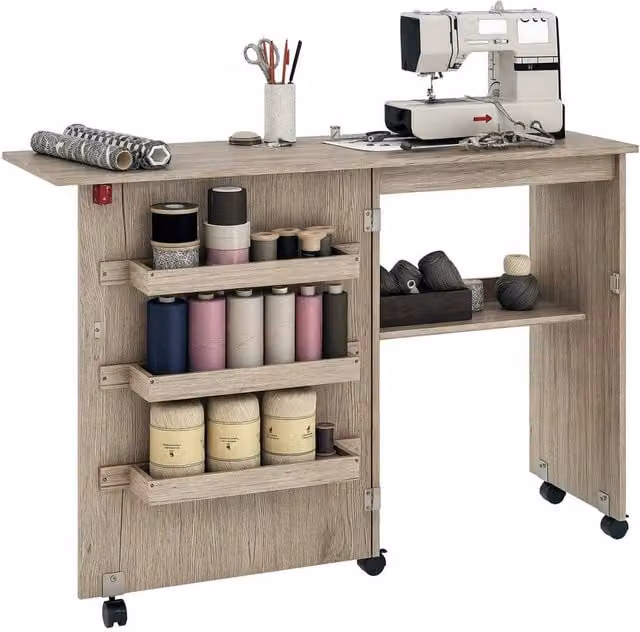 Kelvenix Grey Folding Sewing Table with Rolling Castors and Drop Leaf Design