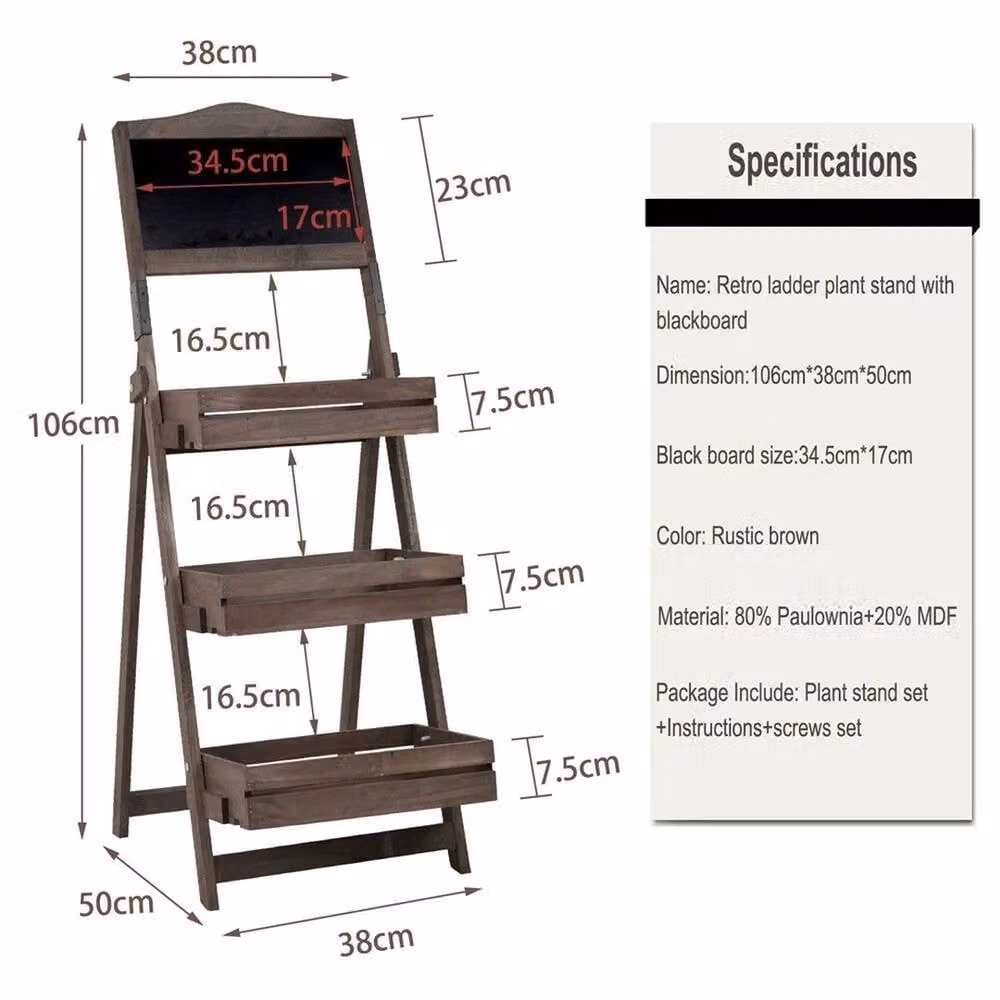 FLAVORA 3-Tier Rustic Wooden Ladder Plant Stand with Chalkboard in Brown – 3