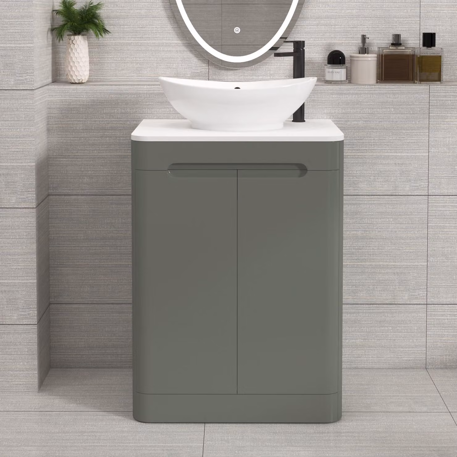 Royal Bathrooms Venice 600mm Sage Green Floor Standing 2 Door Vanity Unit with Plain White Worktop and Amaze Basin
