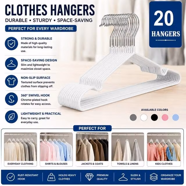 Atek 20 Piece Space Saving Metal and Plastic Coat Hangers in White