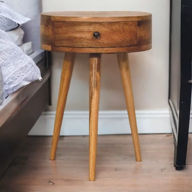 Aosom UK Solid Mango Wood Mini Circular Bedside Table with Smooth-Glide Drawer and Oak-Effect Finish, Brown, W: 40 cm, D: 32 cm, H: 52 cm – 1