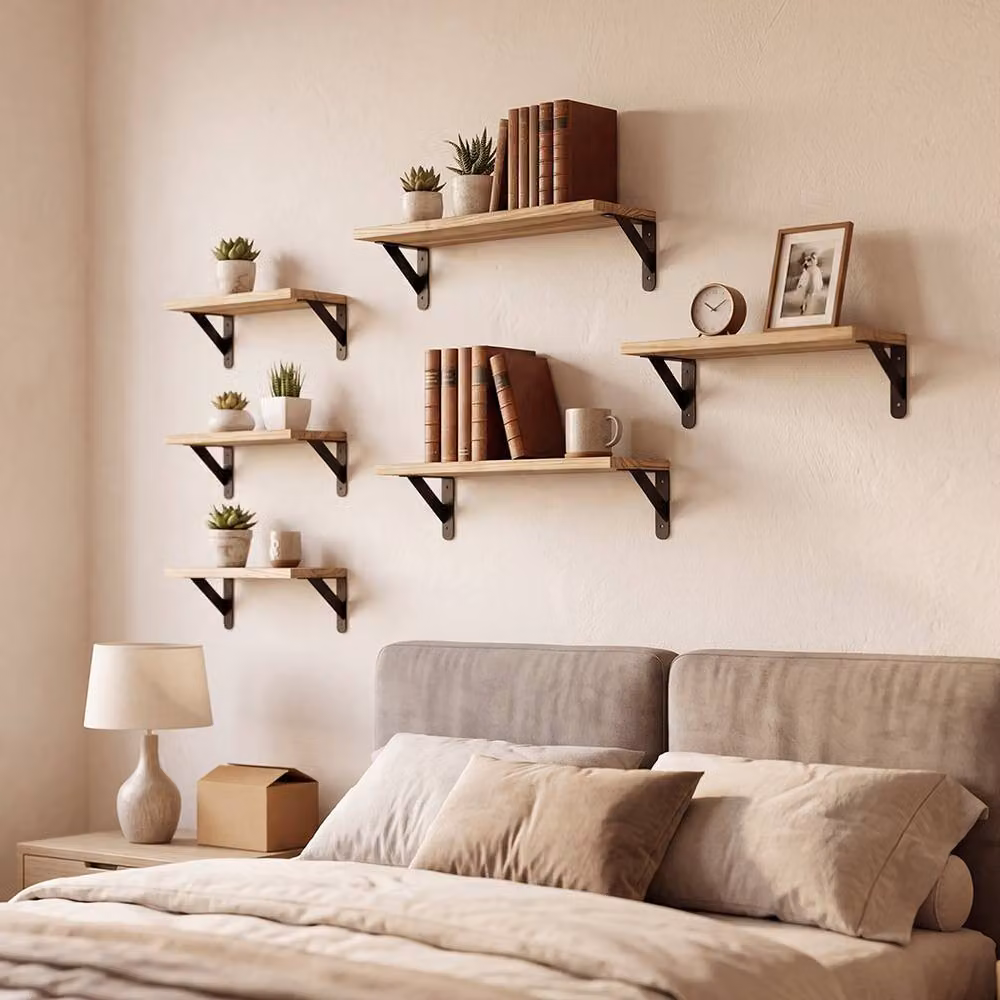 Levede Set of 6 Modern Brown Wood and Metal Wall Mounted Floating Shelves – 2