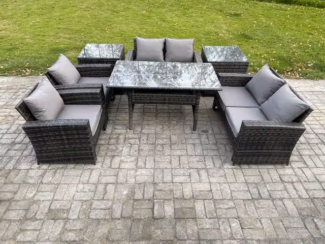 Fimous Rattan Garden Furniture Set in Dark Grey with Oblong Dining Table, Double Seat Sofa and 2 Side Tables