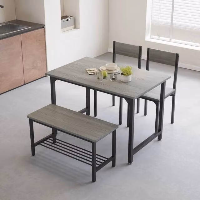 VOGREX Grey 4-Piece Dining Set with Rectangular MDF Table, Bench and Chairs – 1