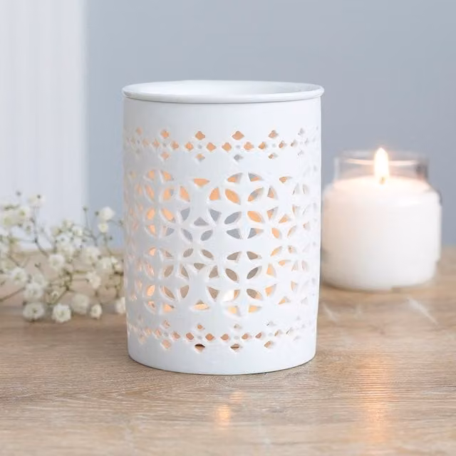 Gloriously Good White Metal Lattice Cut Out Geometric Round Tabletop Tealight Oil Burner