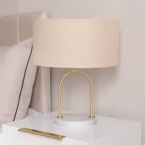 ValueLights Rachel Arch Table Lamp with Gold Brass Base, Marble Stand and White Fabric Shade, LED Bulb Included – 2