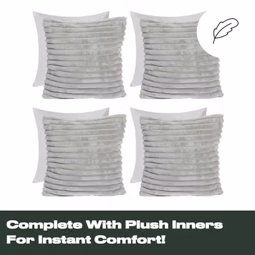 OHS Pack of 4 Grey Faux Fur Ribbed Square Cushion Covers, 45 x 45 cm – 3