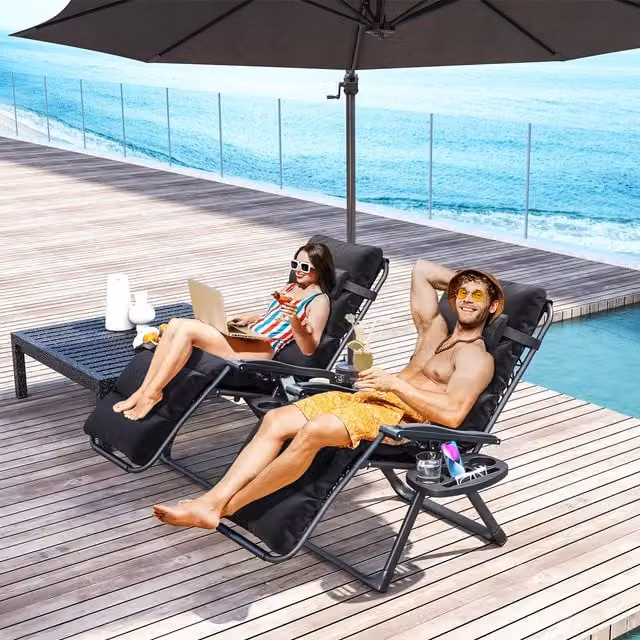 Outsunny Black Reclining Folding Zero Gravity Garden Chairs with Armrests and Side Tray