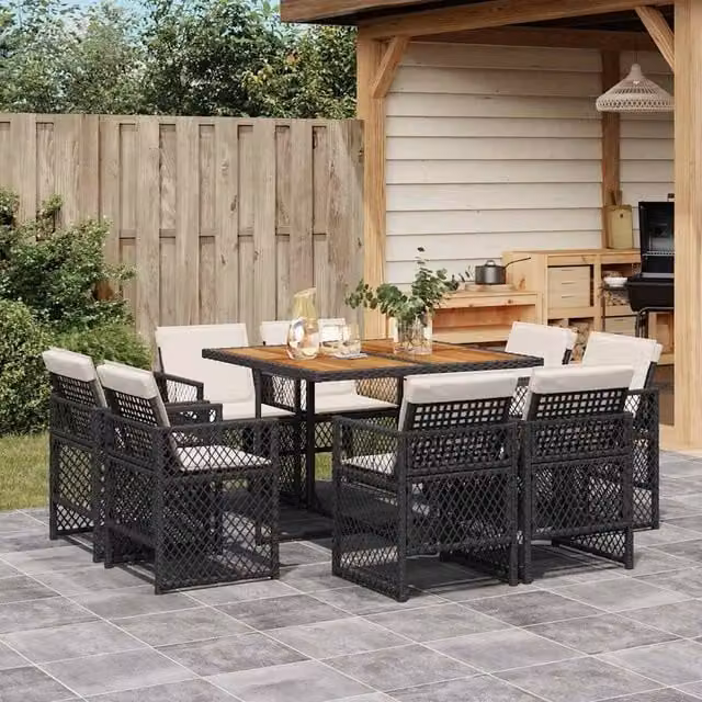 Berkfield Home 9 Piece Black Poly Rattan Garden Dining Set with Cushions