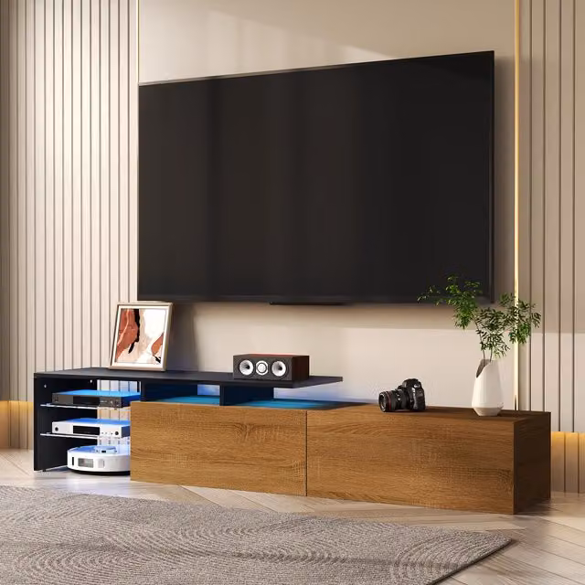 Aosom UK Modern TV Cabinet with Triple-Layer Glass Shelves and Smart Storage, Black and Natural Wood, W: 170 cm, D: 33 cm, H: 33.5 cm – 1