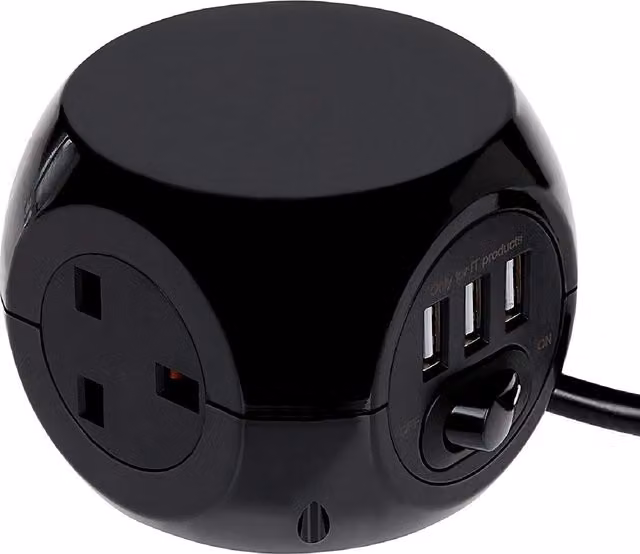 Status 3 Way Cube Socket with 3 USB Ports and 1.4 Metre Lead, Black