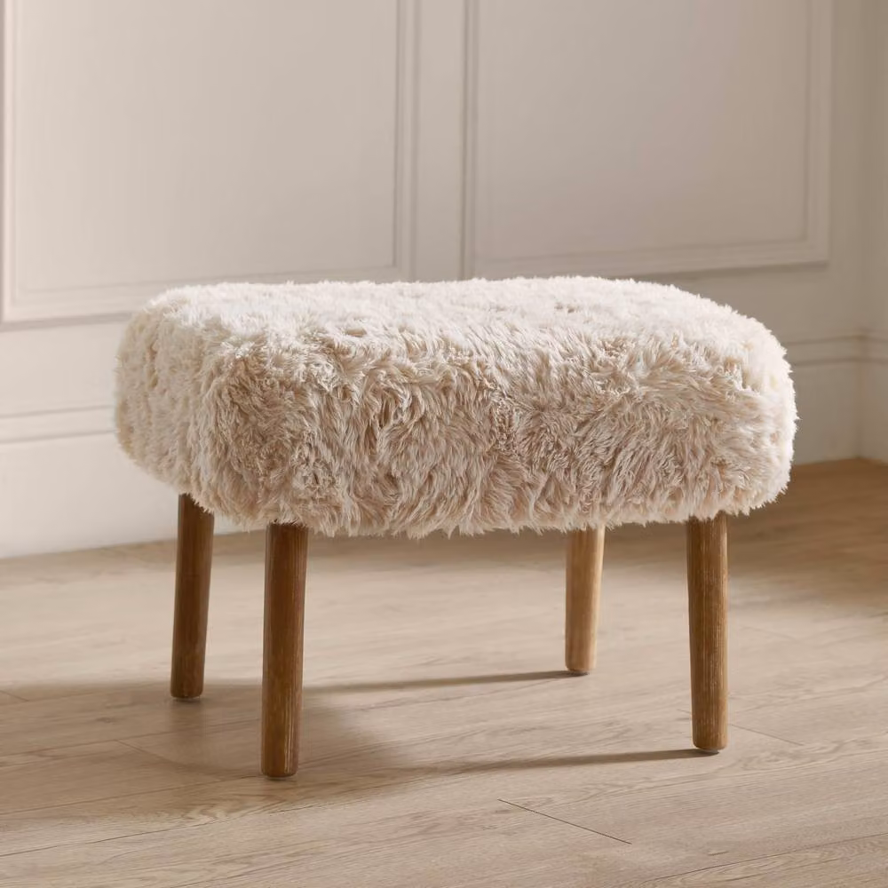 Voyage Maison Struan Faux Fur Footstool in Beige with Oak Wood Frame – 4