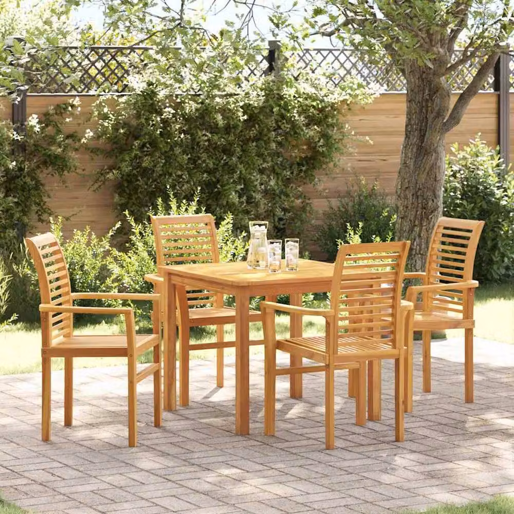 Berkfield Home Set of 4 Stacking Garden Chairs in Brown Solid Teak Wood – 1
