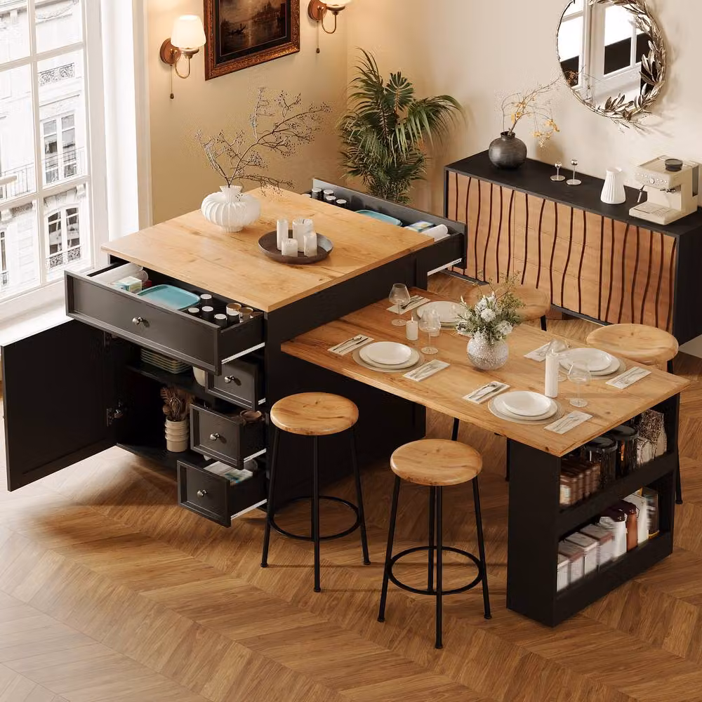BTM Extendable Kitchen Island Rolling Storage Cart with Drawers in Black – 2