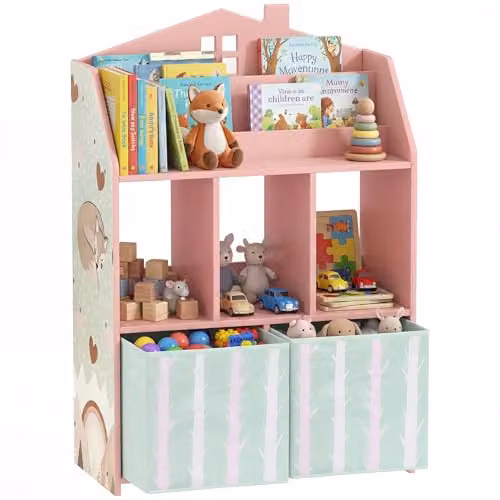AIYAPLAY Kids Bookshelf and Toy Storage Unit with Animal Print in Pink, W/D/H: 62.5 x 30.0 x 91.5 cm