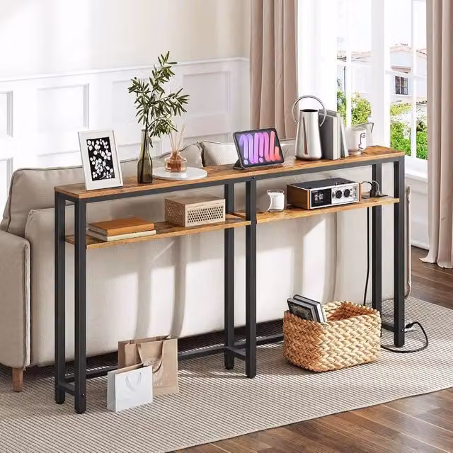 FLAVORA Industrial Wood Console Table with Charging Station in Brown, W/D/H: 180 x 15 x 100 cm