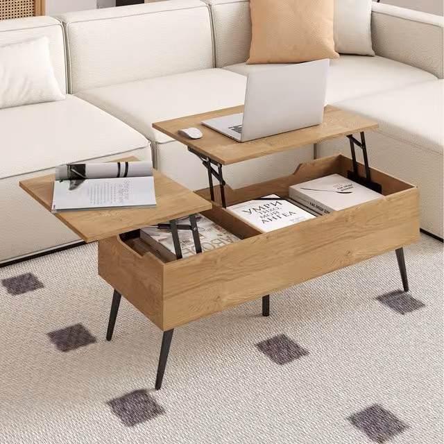 Costway Modern Rectangular Lift Top Coffee Table in Brown